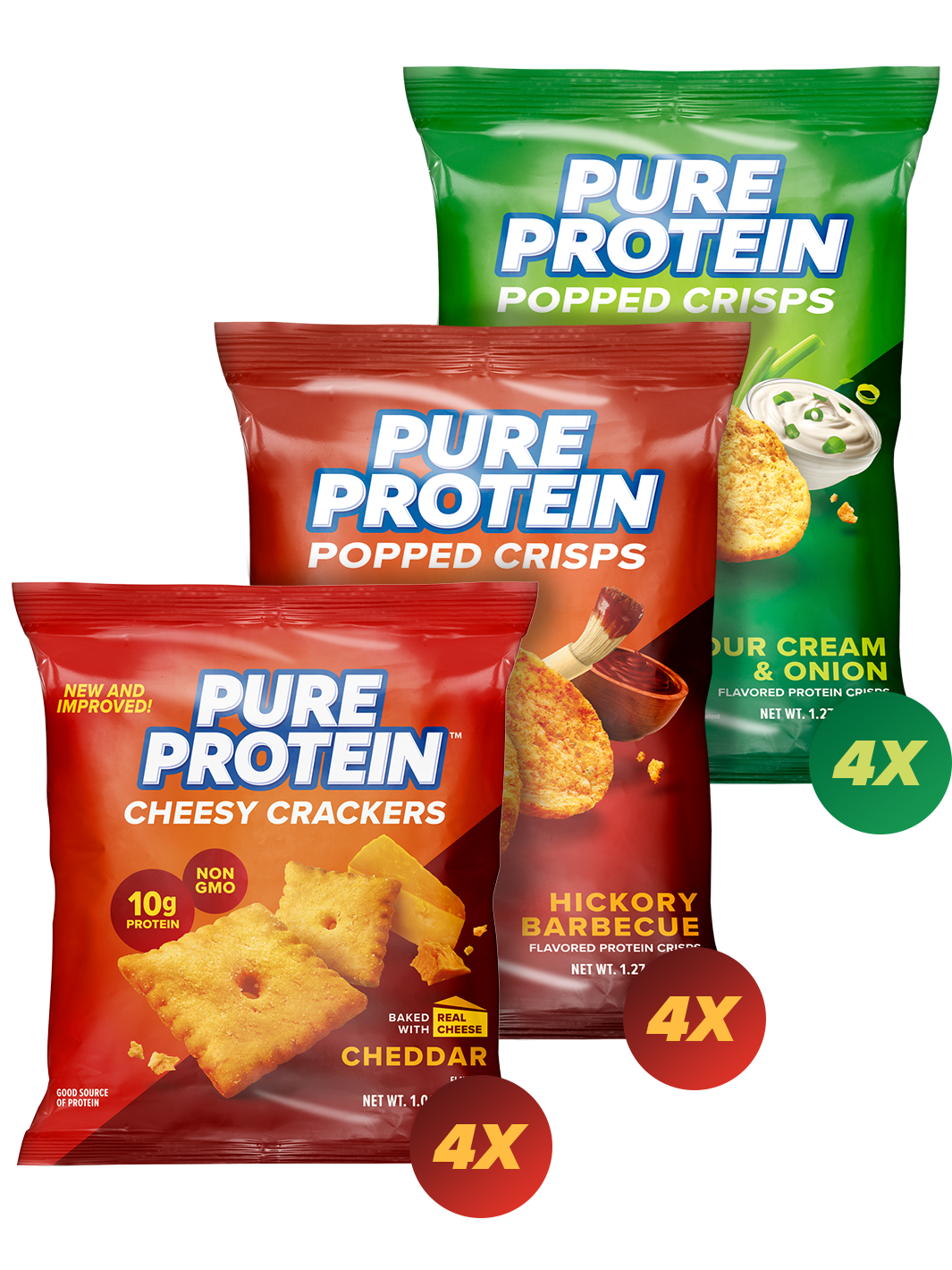 Pure Protein Snack Pack - Contains: 4 Cheesy Cheddar Cracker, 4 Sour Cream & Onion Popped Crisps 1.27 oz. bag, 4 Hickory Barbecue Popped Crisps 1.27 oz. bag