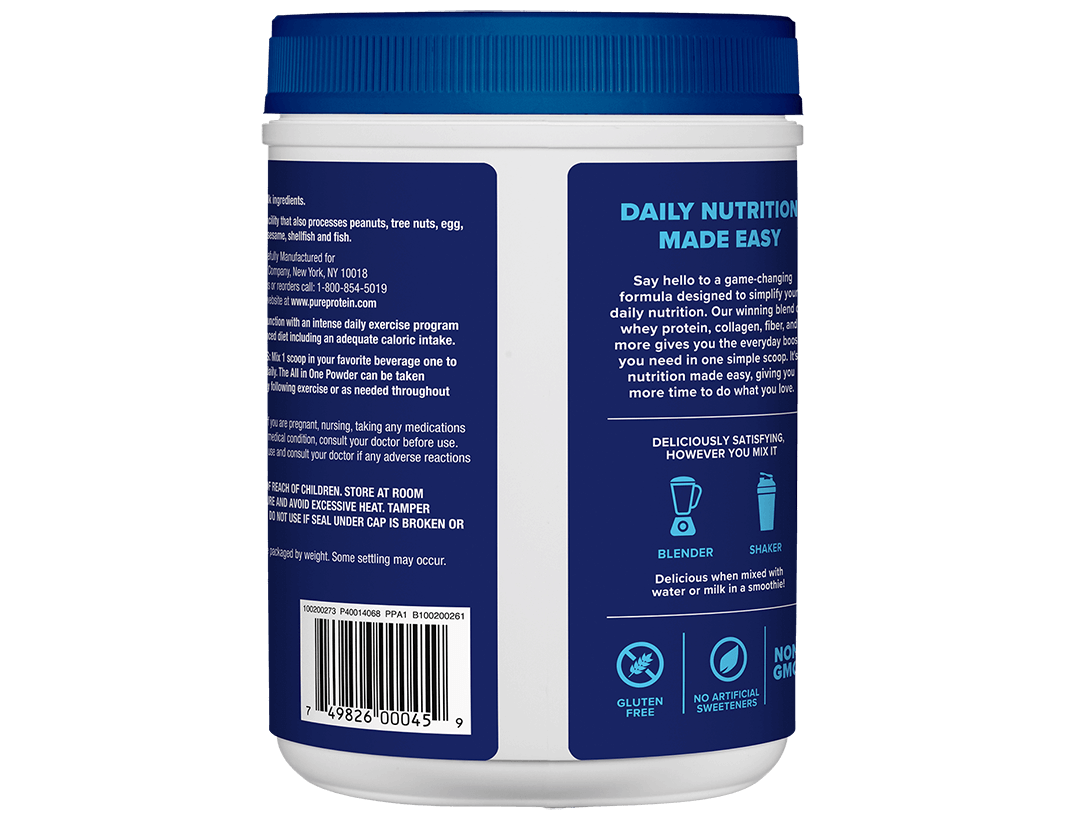 Pure Protein All-in-One Powder, Rich Chocolate - Whey & Collagen, High Fiber, Vitamins, No Added Sugar, Non-GMO, Gluten-Free, 1.25lb Pure Protein All-in-One Powder, Rich Chocolate - Whey & Collagen, High Fiber, Vitamins, No Added Sugar, Non-GMO, Gluten-Free, 1.25lb